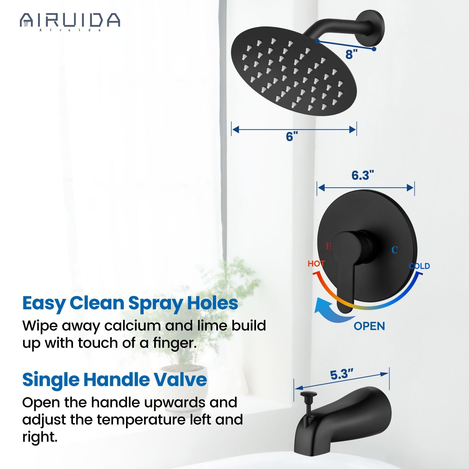 Shower Faucet Set 6 Inch Round Rainfall Head Tub Trim Matte Black Airuida Spout gallery