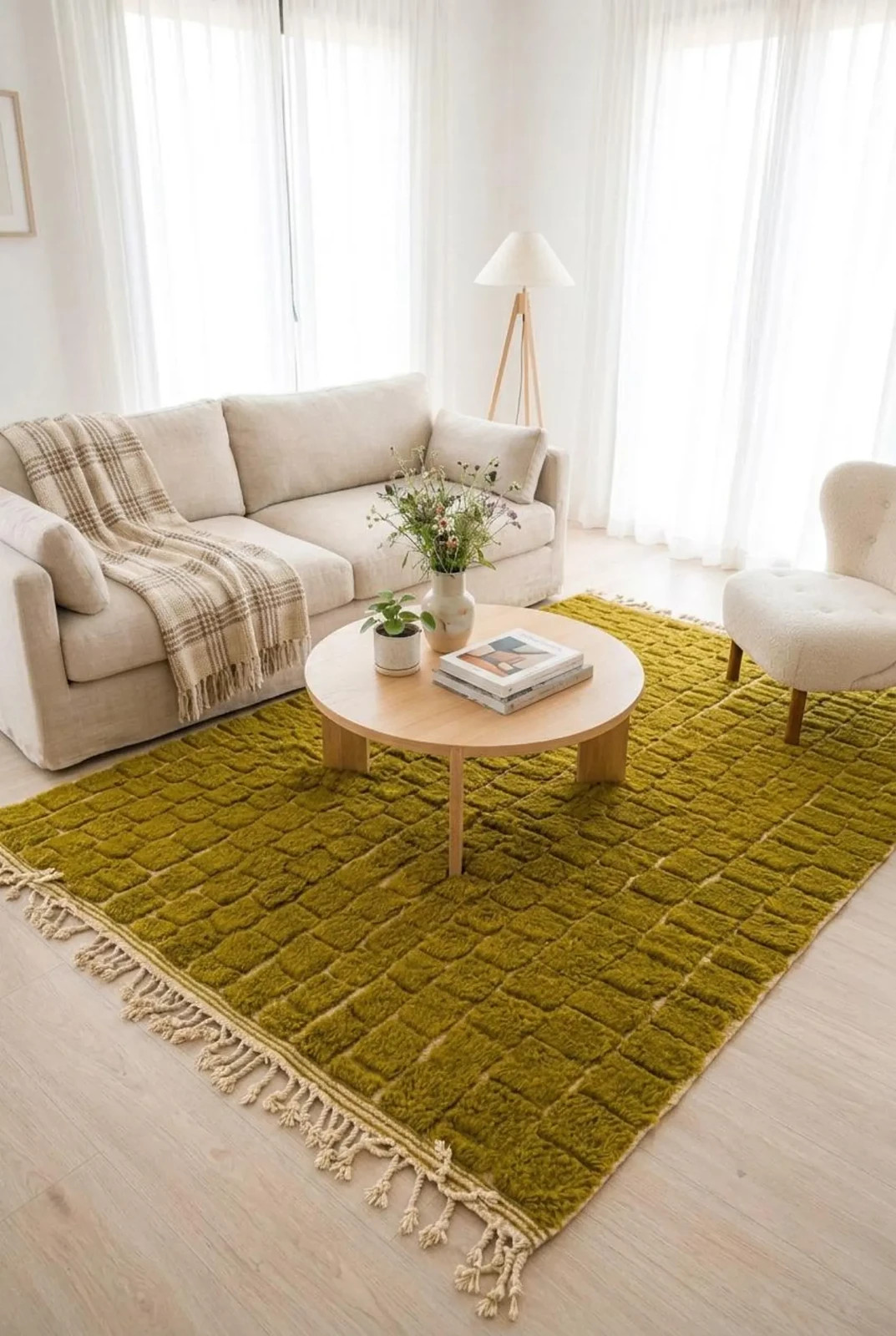 Moroccan Rug Olive Chartreuse Raised Check Squares | Handmade Wool Berber Carpet gallery
