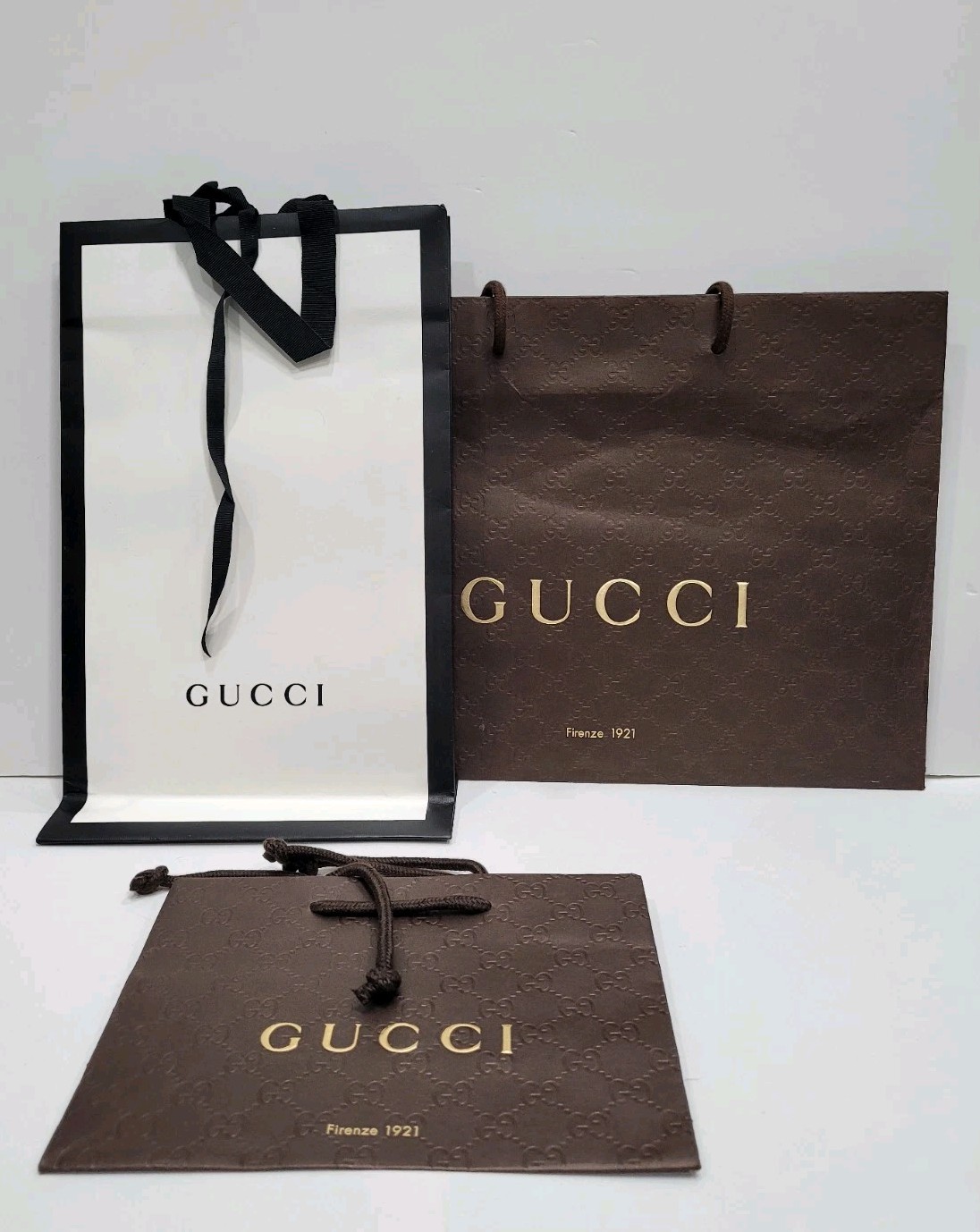 Authentic GUCCI Gift Shopping Bag Paper Brown White Black Lot of 3 gallery