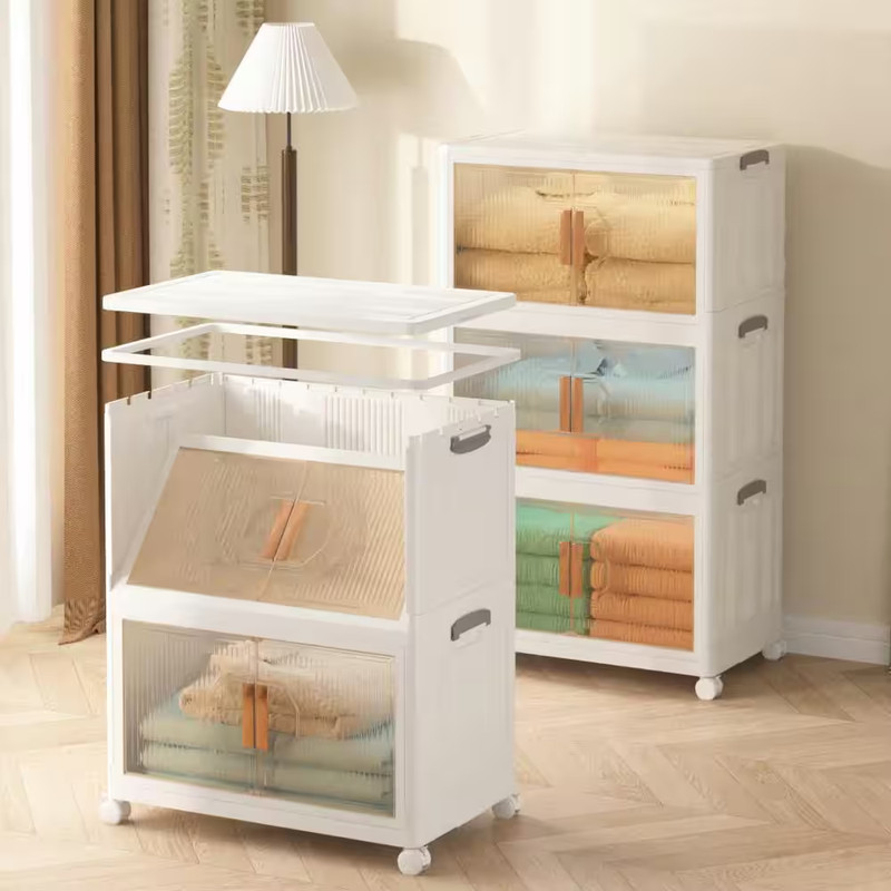3-Tier Foldable Stackable Accent Storage Cabinet with Wheels, White 16 Gallon Pl gallery