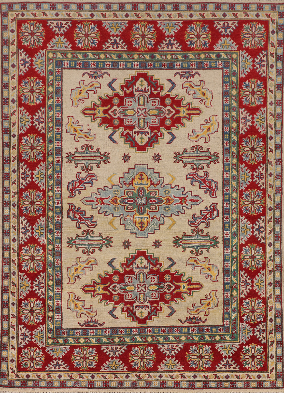 Vibrant Color Geometric Kazak Pakistani Handmade Rug Ivory/ Rust 5x7 ft gallery