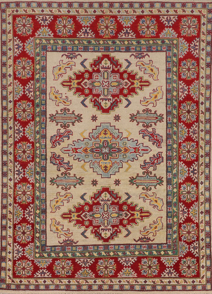 Vibrant Color Geometric Kazak Pakistani Handmade Rug Ivory/ Rust 5x7 ft