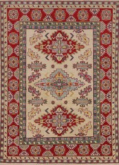 Vibrant Color Geometric Kazak Pakistani Handmade Rug Ivory/ Rust 5×7 ft