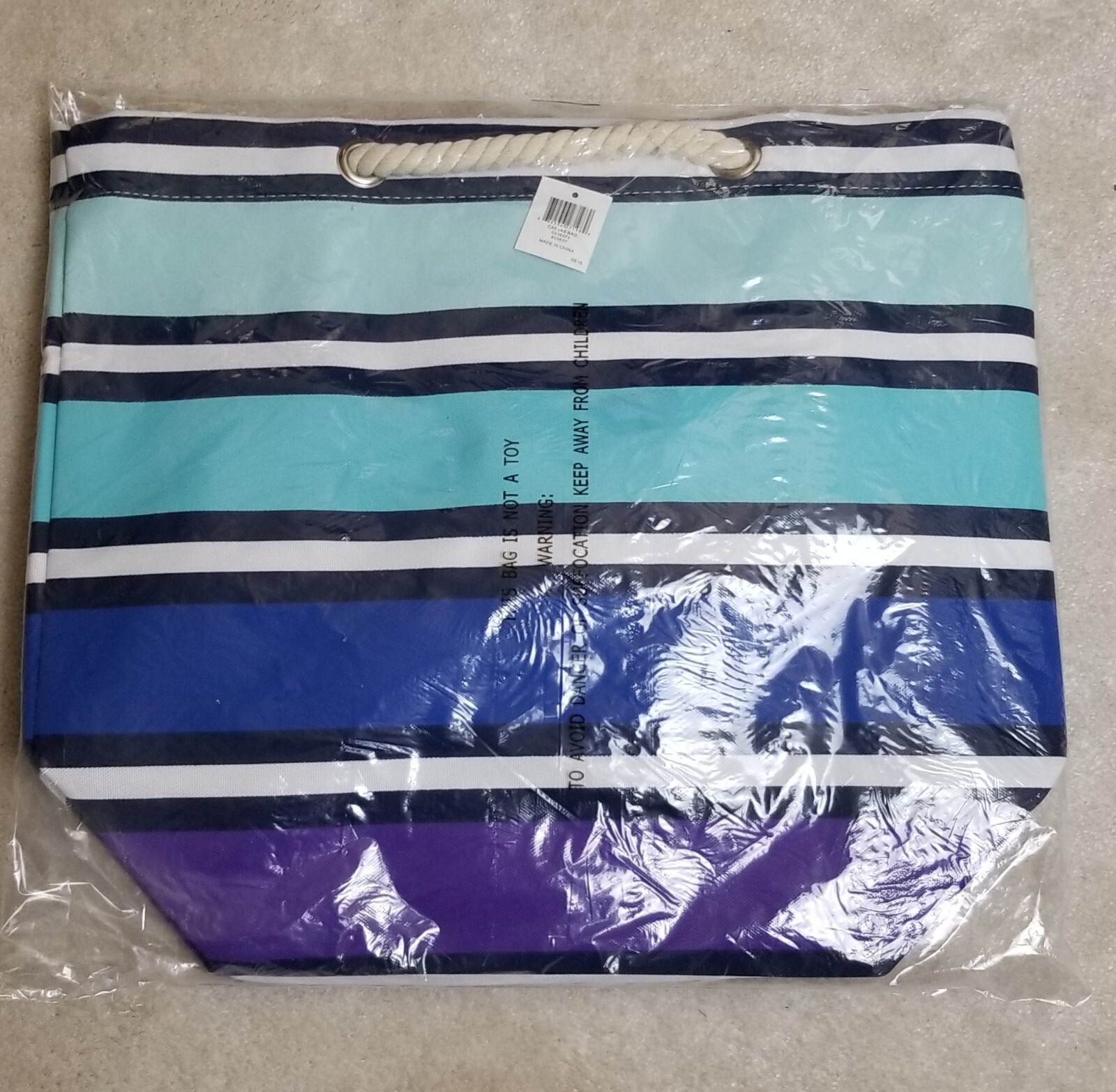 NWT Beach Bag Tote, Large Cotton Rope BEAUTIFUL Blues Purple White gallery