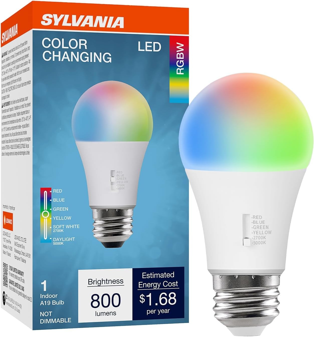 Sylvania LED Color Changing Light Bulb, Red/Blue/Green/Yellow/White, 2700K/5000K gallery