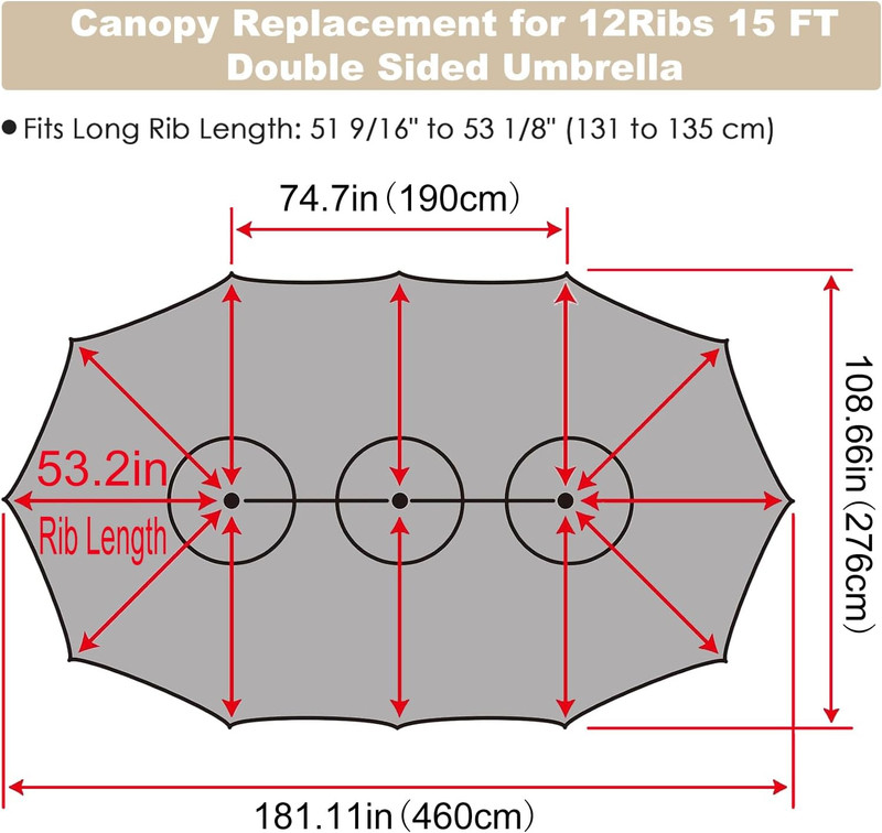 12 Ribs Umbrella Canopy Replacement for 15ft Double-Sided Patio Umbrella, Frame gallery
