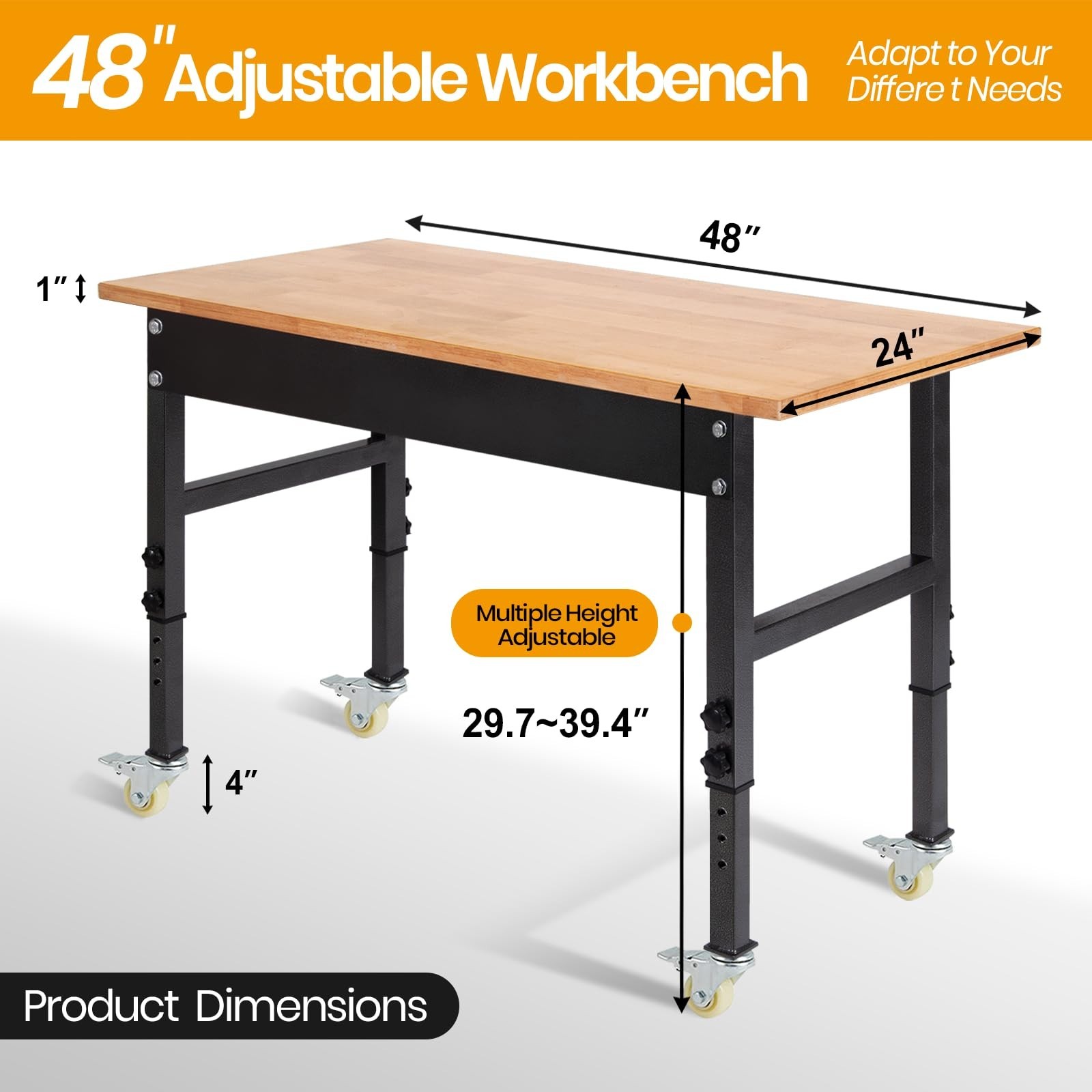 48" Adjustable Work Bench, Workbench Heavy-Duty Work Table with Wheels gallery