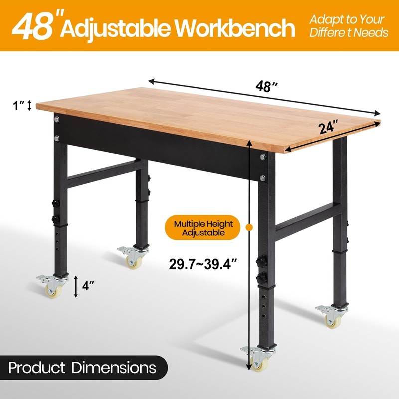 48" Adjustable Work Bench, Workbench Heavy-Duty Work Table with Wheels gallery