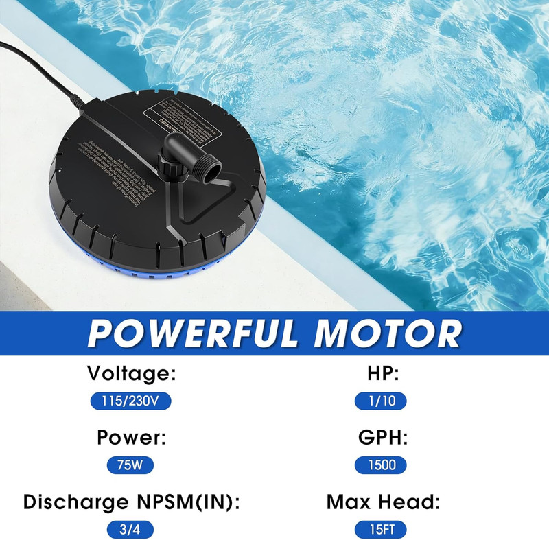 1500 GPH Automatic Pool Cover Pump with 25 Ft Cord & 2 Adapters - Blue gallery