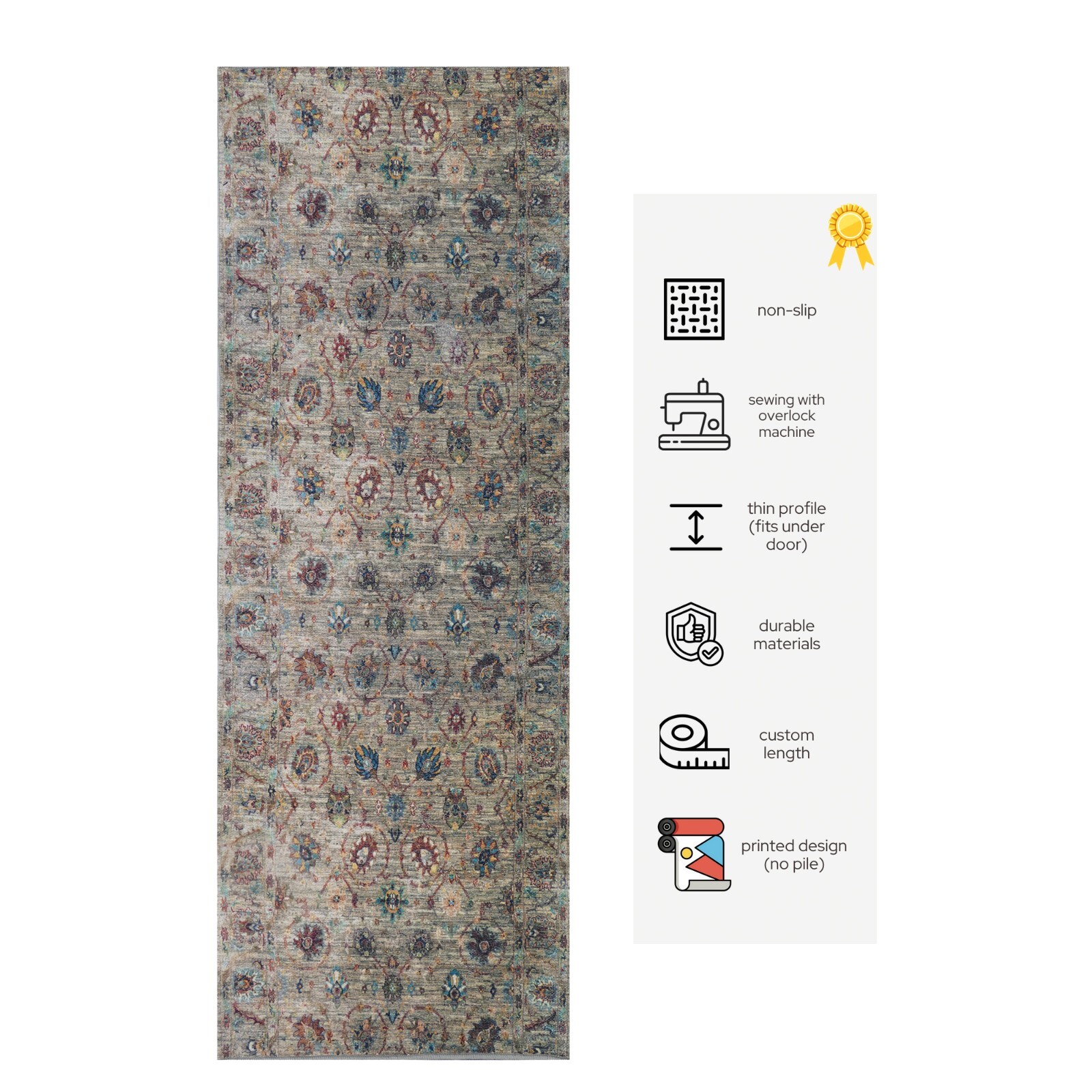 ANTI SLIP Runner Rug Printed Vintage Distressed Floral Cream Design 25in Width gallery