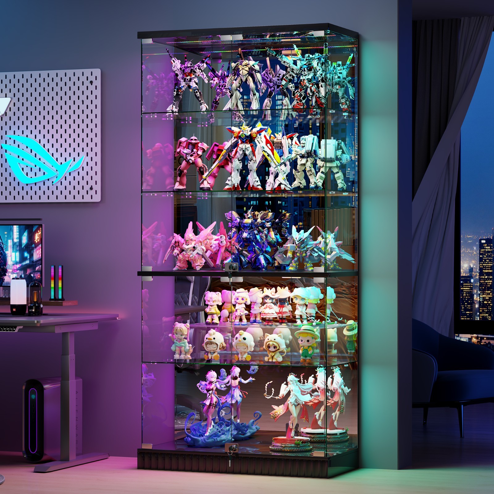 Display Cabinet with Glass Doors, Clear Display Case with Dynamic RGB Lights gallery