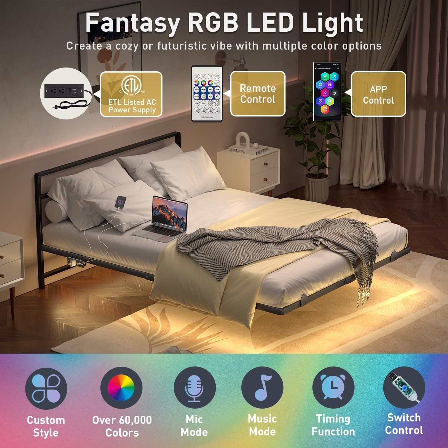 Queen Floating Bed Frame with Headboard, Modern Platform Bed Frame with LED Ligh gallery
