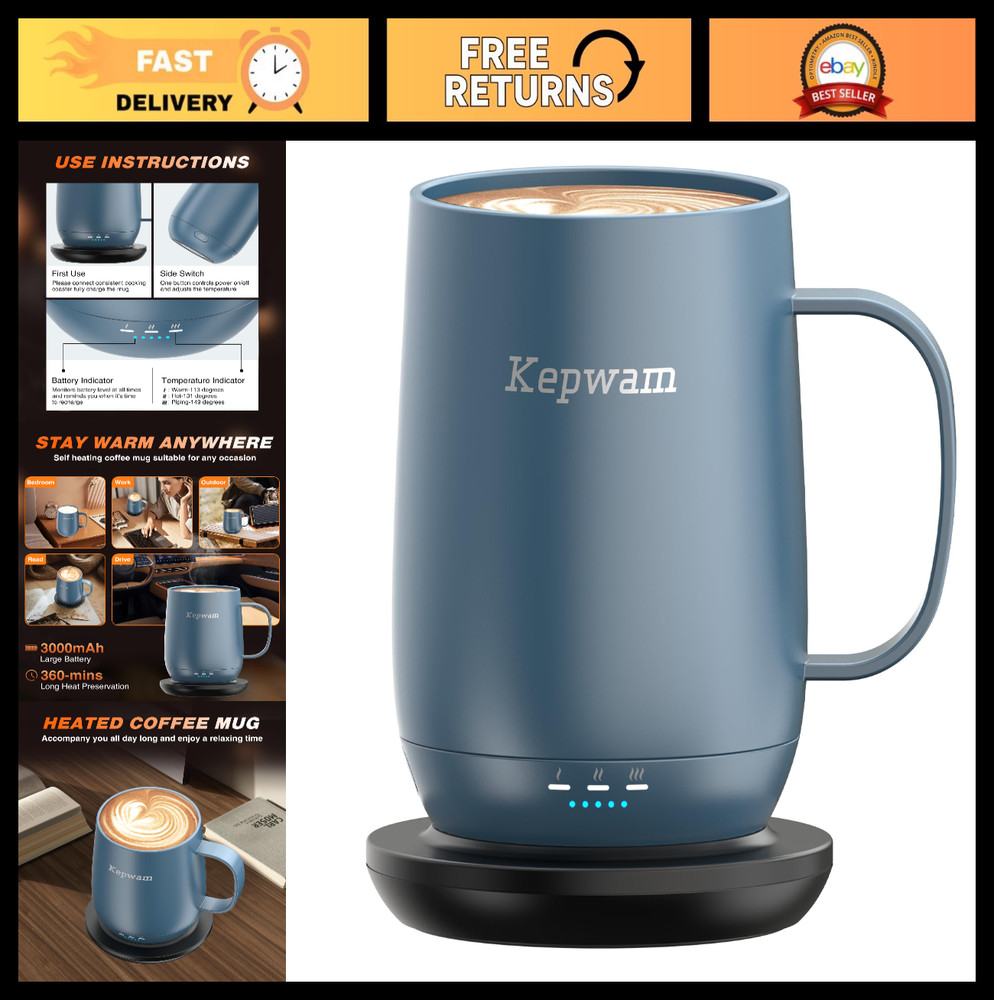 Self-Heating Coffee Mug 16oz, Smart Temperature Control, 150 Min Battery Life, P