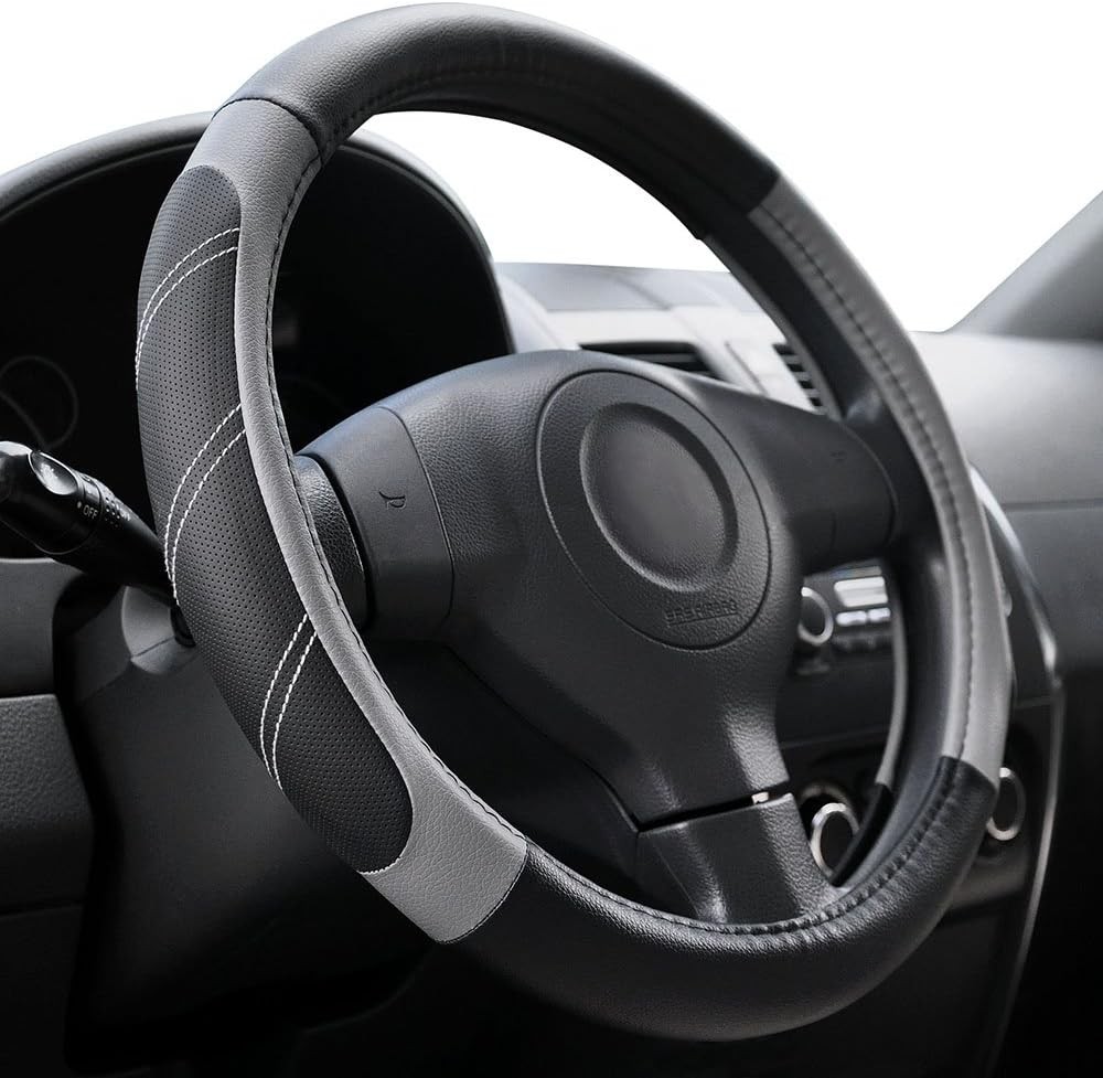 Elantrip Sport Leather Steering Wheel Cover 14 1/2 - 15 inch, Black and Gray gallery