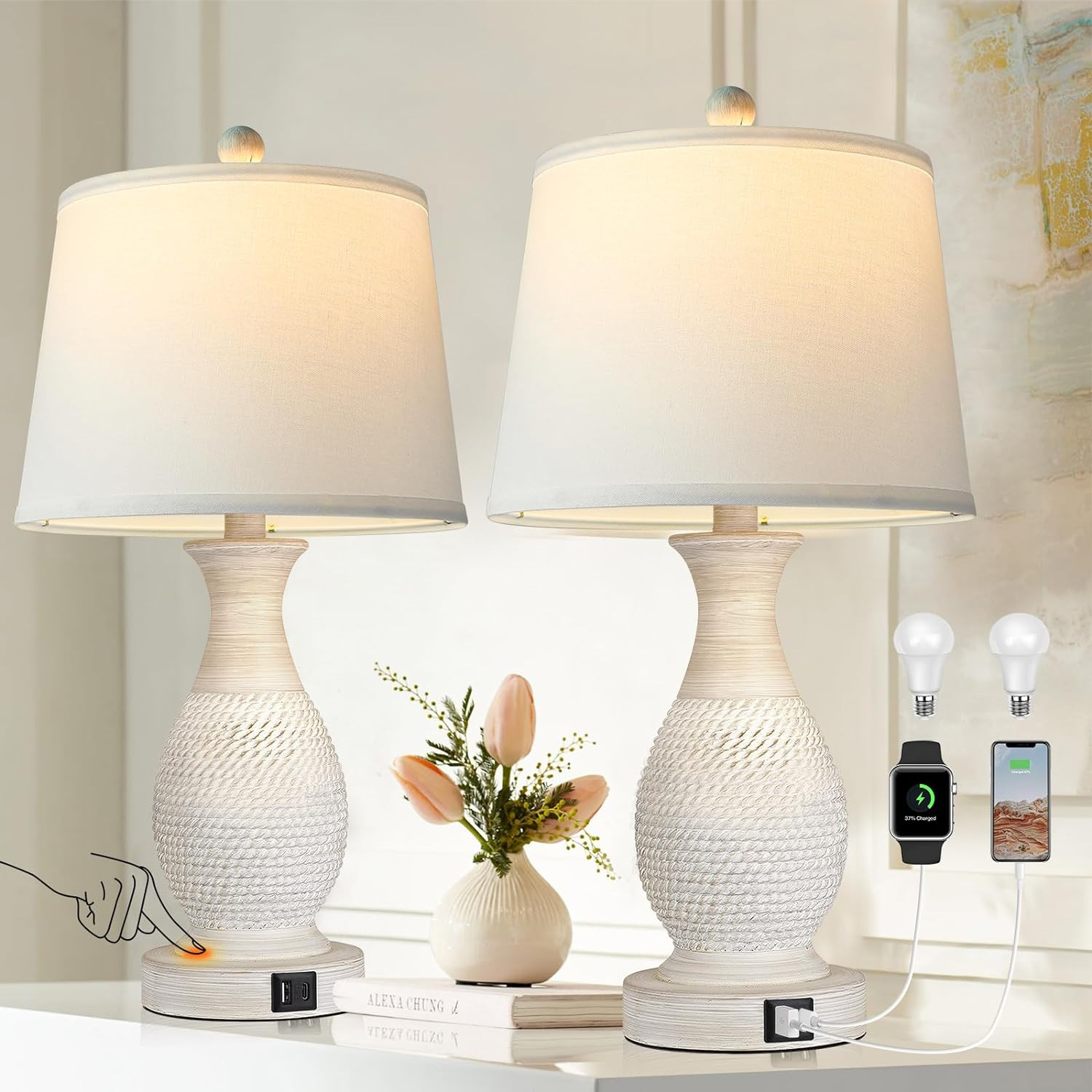 Table Lamps Set of 2, Bedside Touch Lamp with USB C+A Charging Ports, Side Table gallery