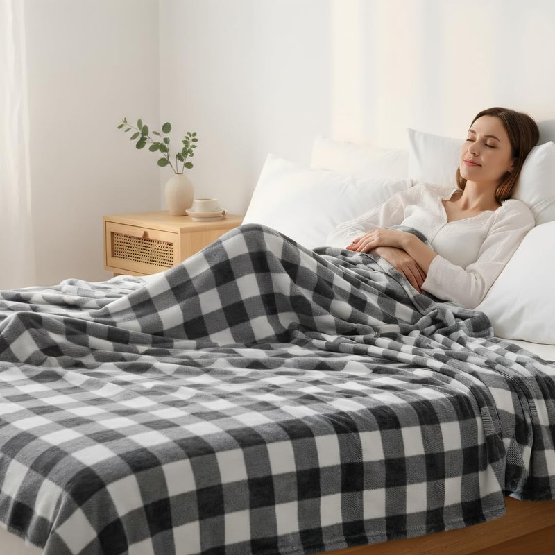 Gray White Checkered Buffalo Plaid Flannel Fleece Throw 260GSM 60x50 Inch gallery