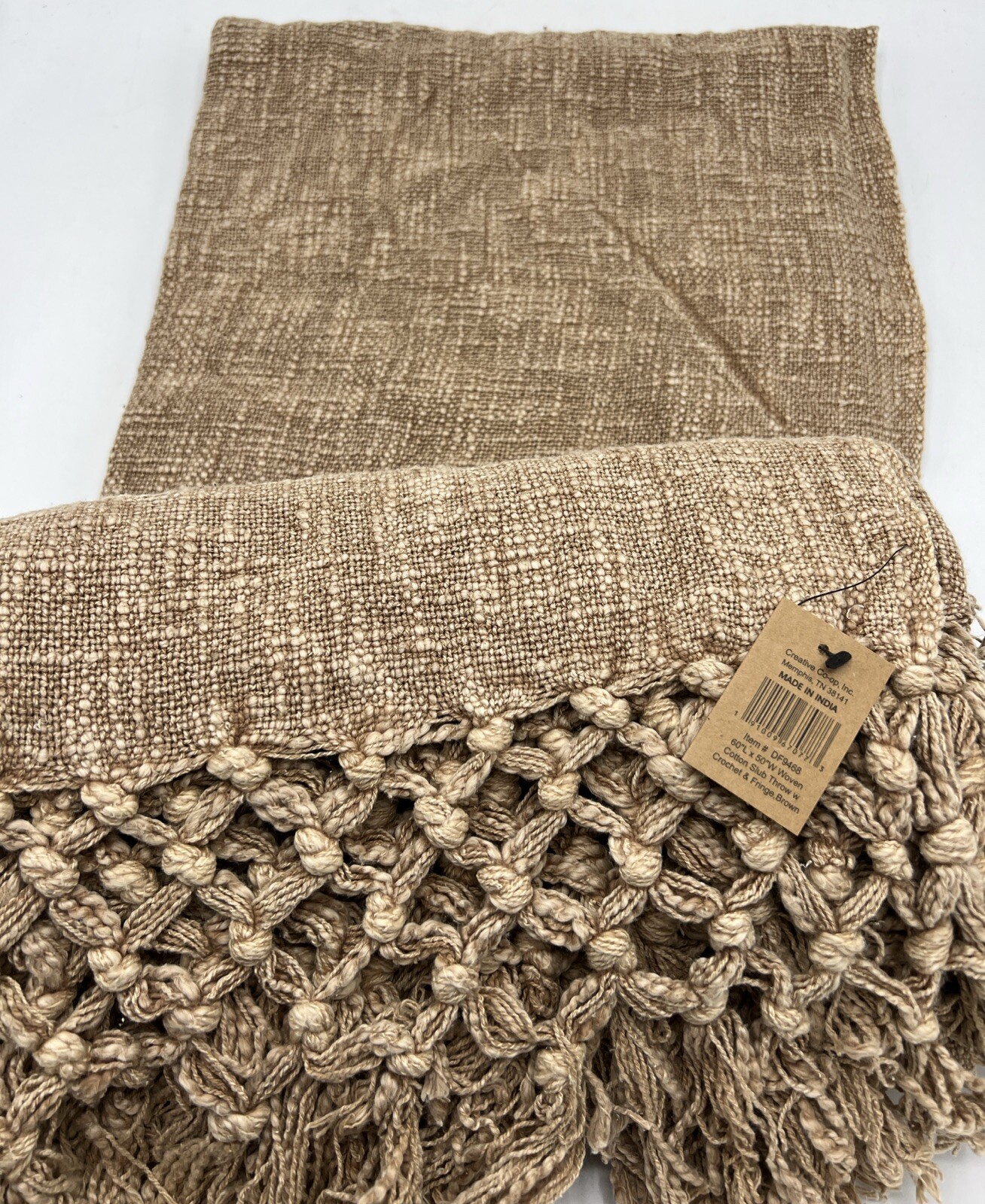Creative Co-Op Woven Cotton Slub Throw Blanket w/ Crotchet & Fringe Brown Blanke gallery