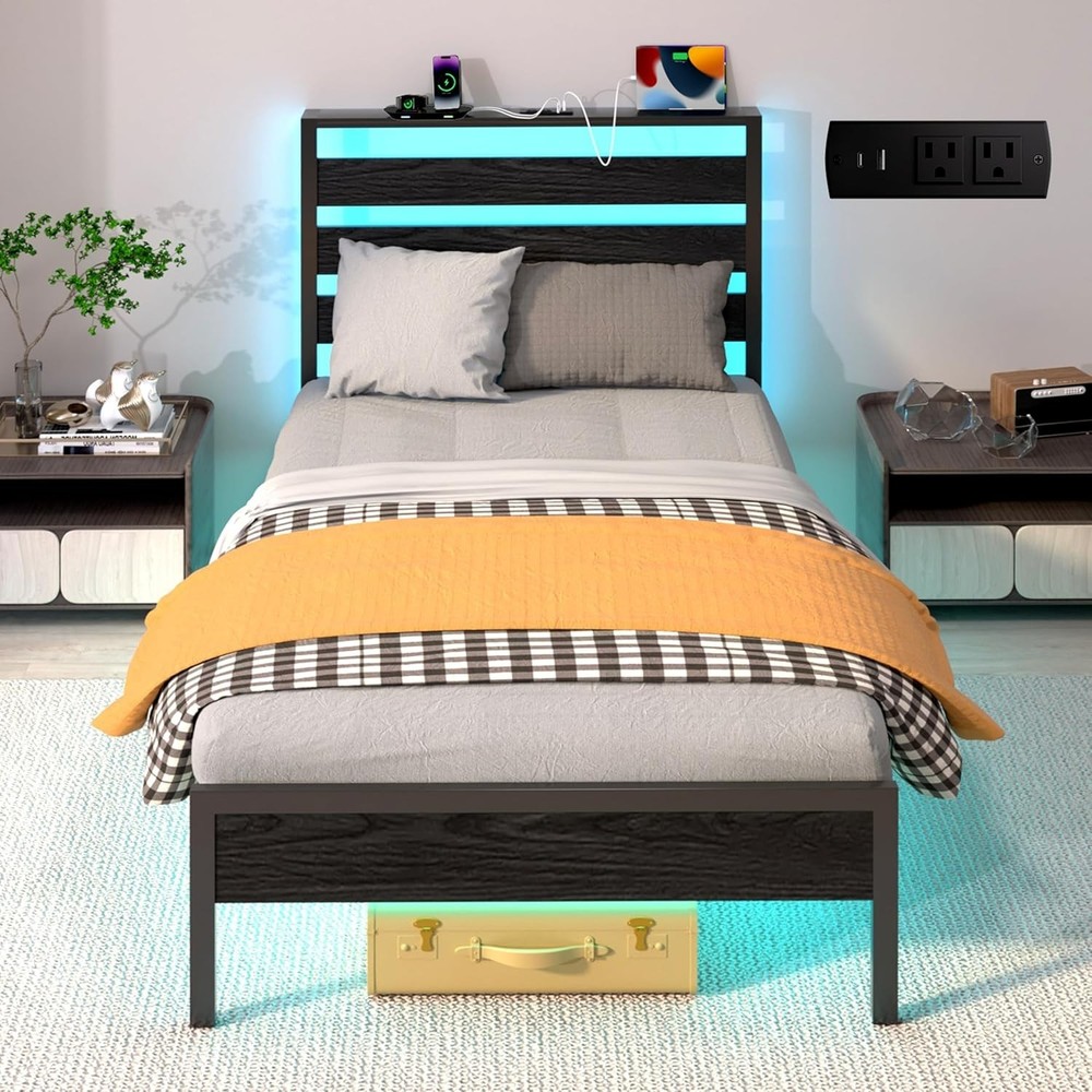 Bed Frame with Headboard, Platform Bed with LED & Charging Station, Heavy Duty