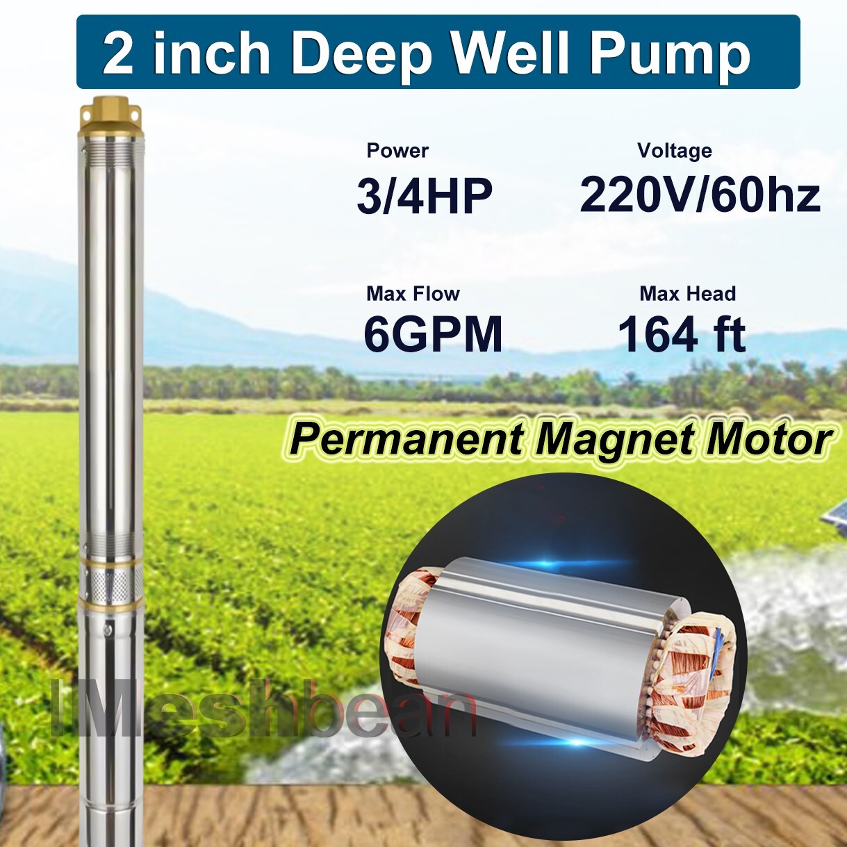 3/4HP 2" OD Deep Well Submersible Pump, 220V,6 GPM, 164FT Max,26 Stage 50FT Cord gallery