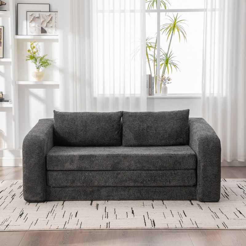 71" 2-in-1 Foldable Sofa Bed w/ Pillows, Chenille Convertible Lounge Couch, Gray gallery