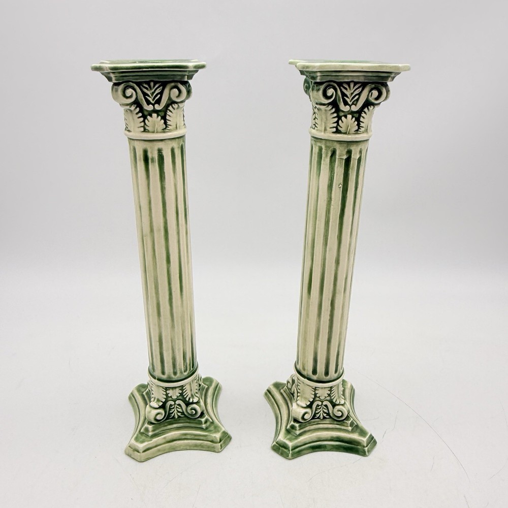 Green Ceramic Candlestick Holders Pair Column Home Decor