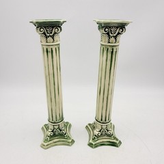 Green Ceramic Candlestick Holders Pair Column Home Decor