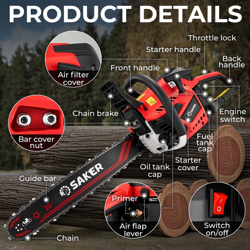 Saker 58cc Gas Chainsaw, 3.2HP 2-Cycle Engine, 20-Inch Manganese Steel Bar, gallery