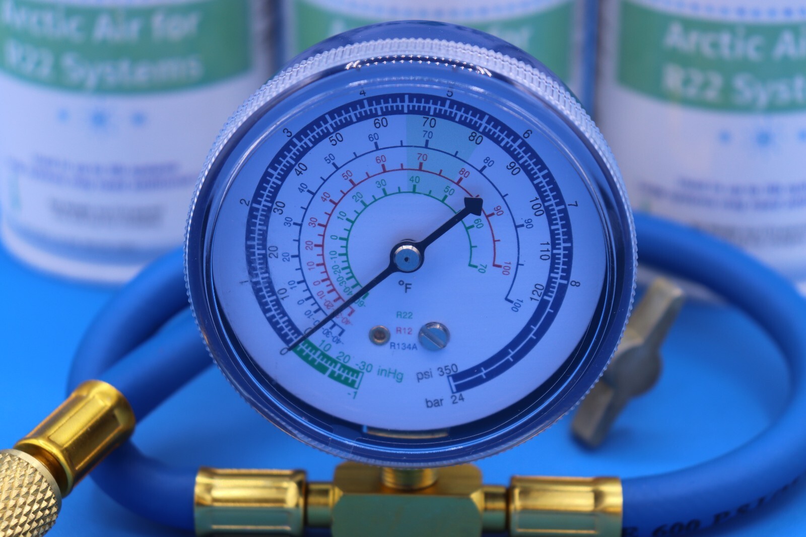 Envirosafe Arctic Air for R22, AC Refrigerant Support, (3) cans and gauge gallery