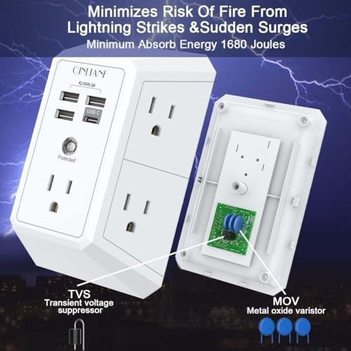 5 Outlet Extender Surge Protector Multi Plug Wall Adapter USB Charger Ports with gallery
