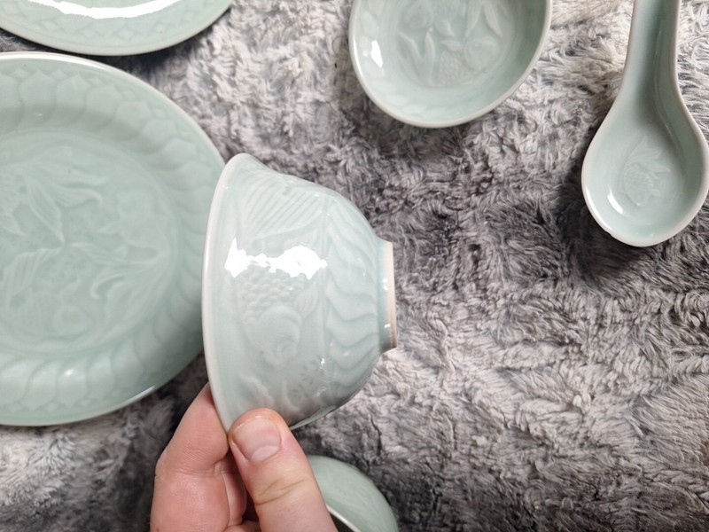 7 Piece Canton Express Celadon Goldfish Dinnerware Bowls Plates, Spoon Sauce Dis gallery