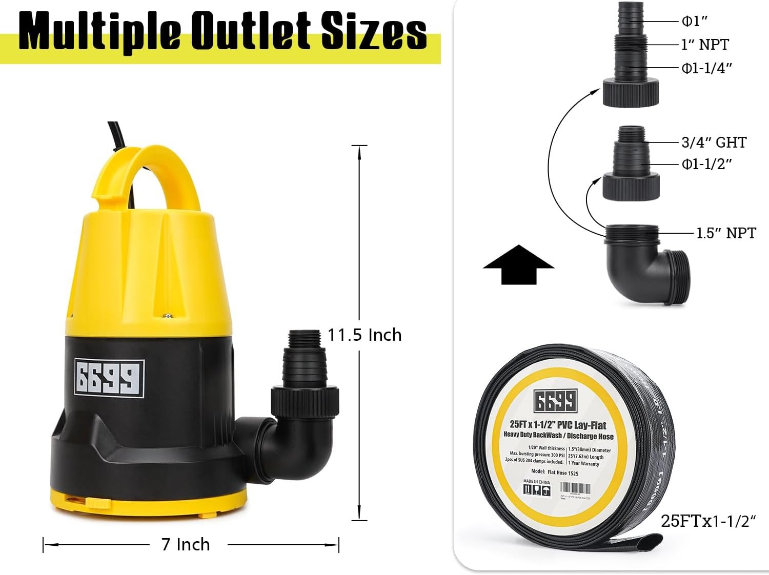 Submersible Sump Pump 2500GPH High Flow with 25FT X 1-1/2” Discharge Hose Drain gallery