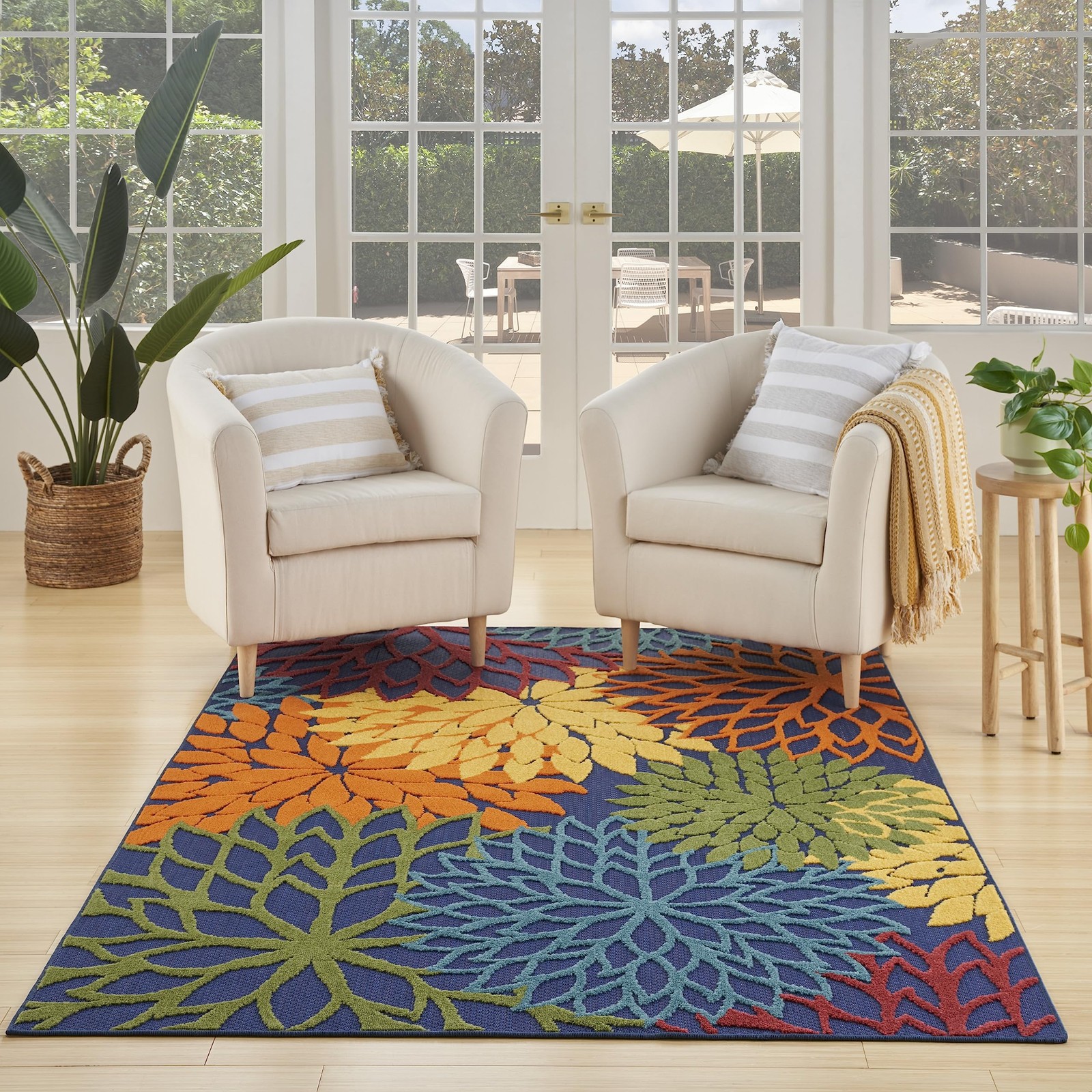 Navy Multicolor Floral Outdoor Rug 5X7 Soft Durable Easy Clean High Low Pile gallery