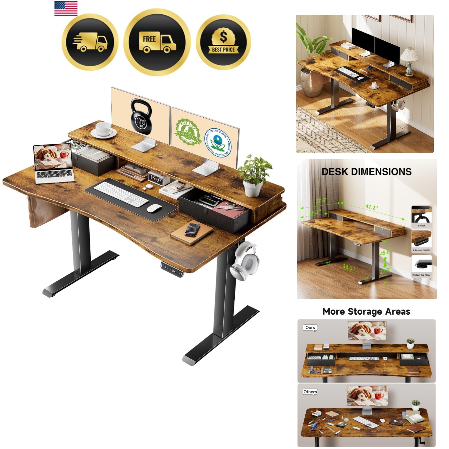 Standing Desk with Storage Drawers Adjustable Height Computer Table Ergonomic gallery