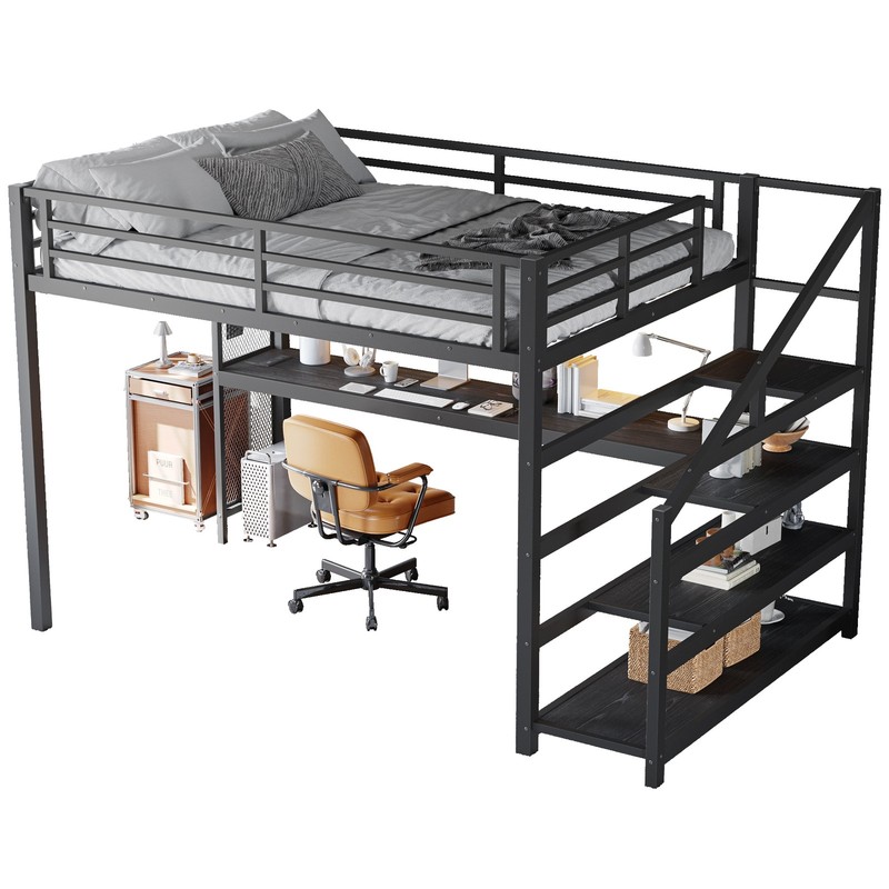 Queen Loft Bed with Desk and Storage Stairs, Metal Loft Beds with LED Lights gallery