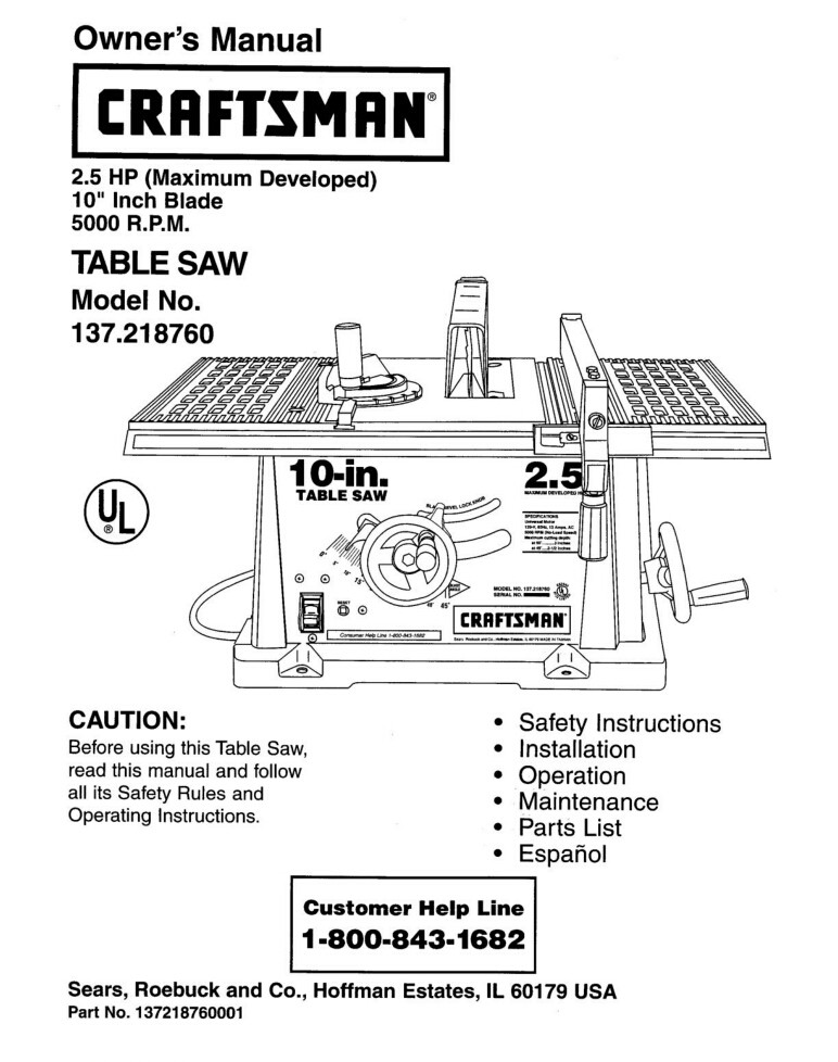 Craftsman 137.218760 Table Saw Owners Instruction Manual gallery