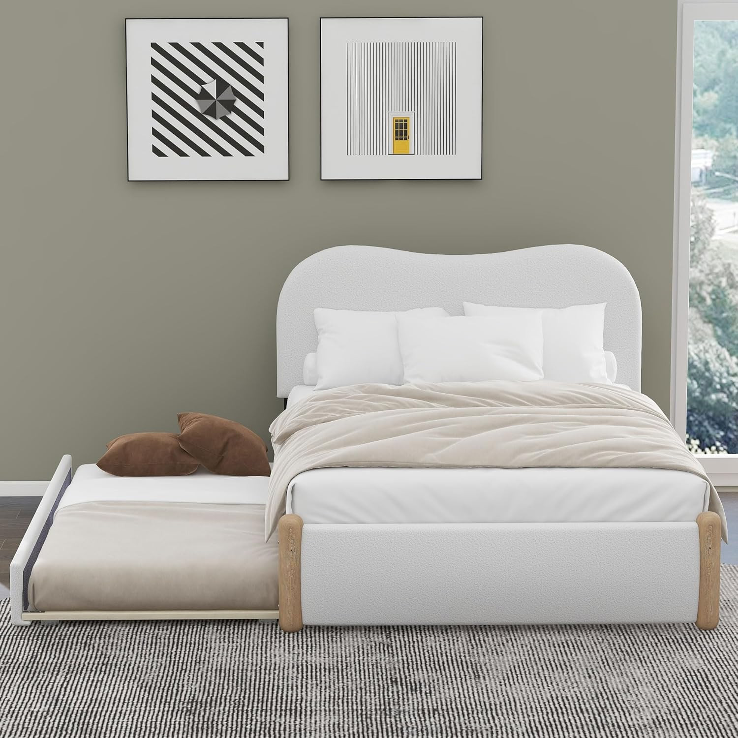 Full Size Upholstered Platform Bed with Wood Supporting Feet and Twin Size Trund gallery
