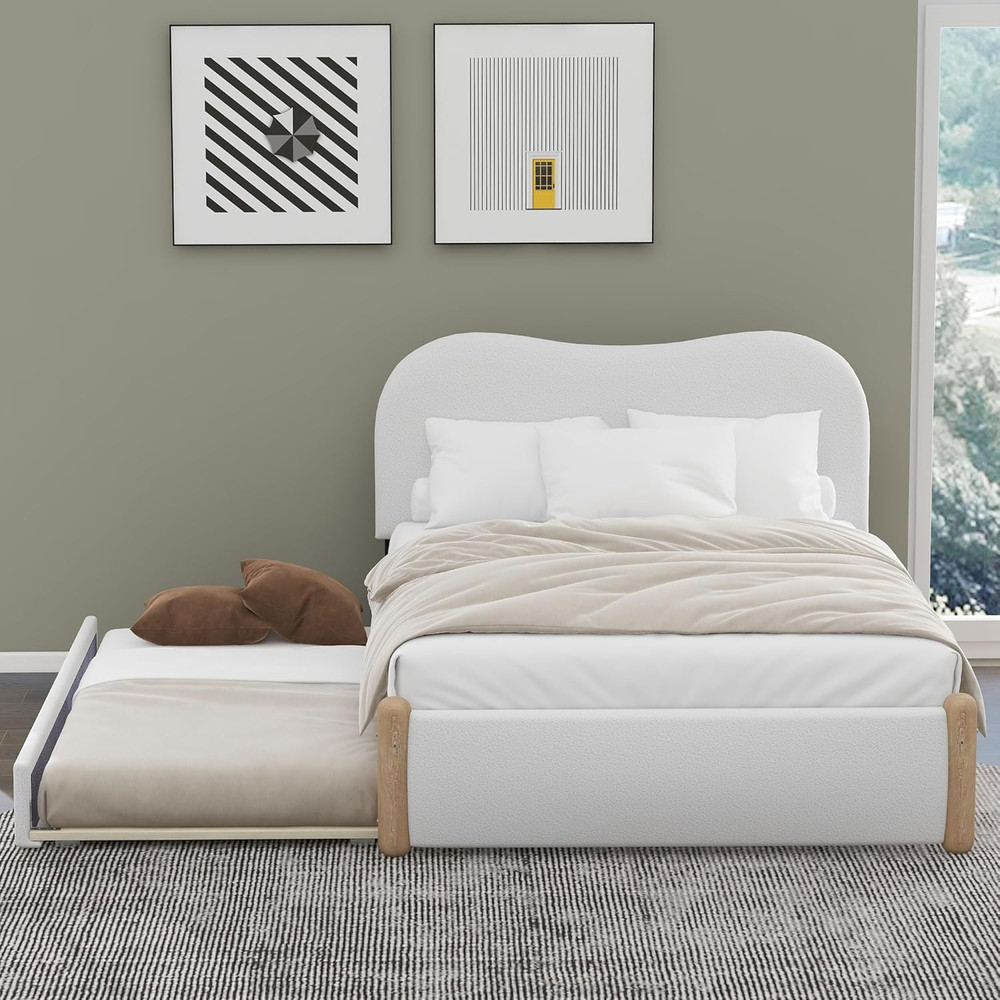Full Size Upholstered Platform Bed with Wood Supporting Feet and Twin Size Trund