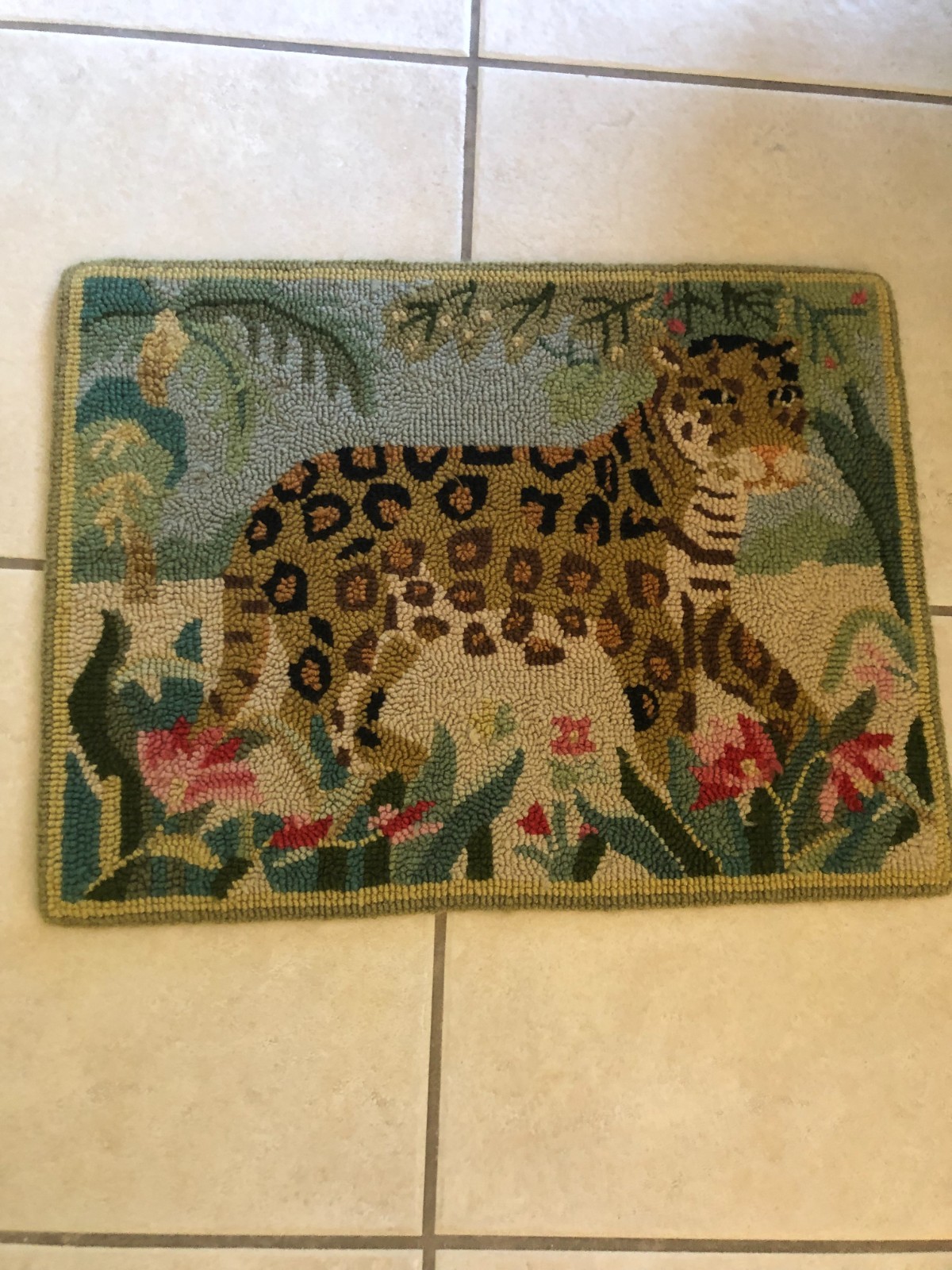 Needlepoint Rug 25 by 19 inches with lepoard in tropical floral habitat-green gallery