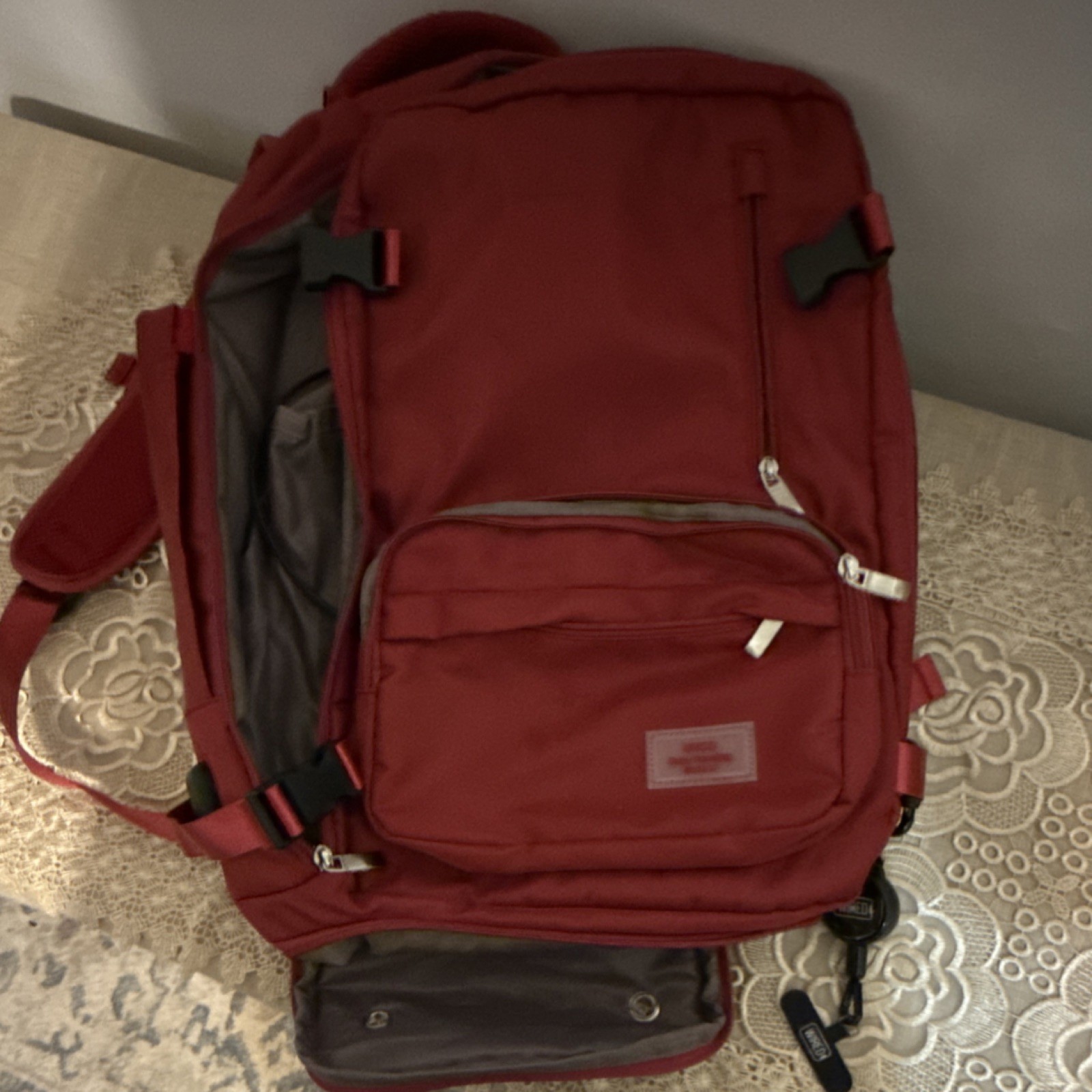 Red Travel Backpack USB Charging Port, 5 Pockets, Adjustable Straps