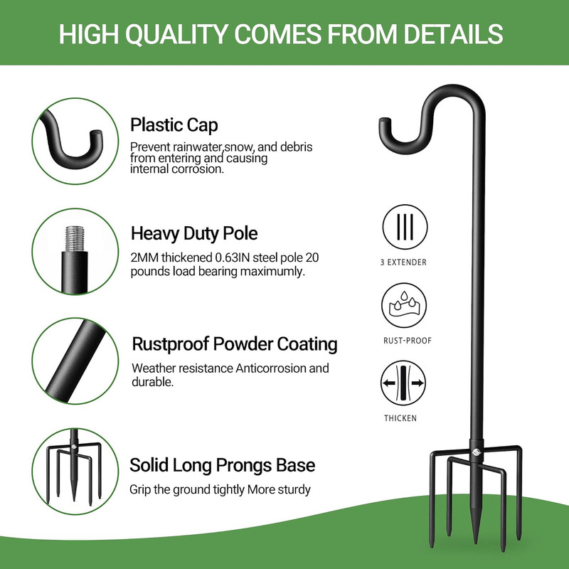 60" Shepherds Hooks for Outdoor, Extra Thick Bird Feeder Pole with 5 Prong Base, gallery