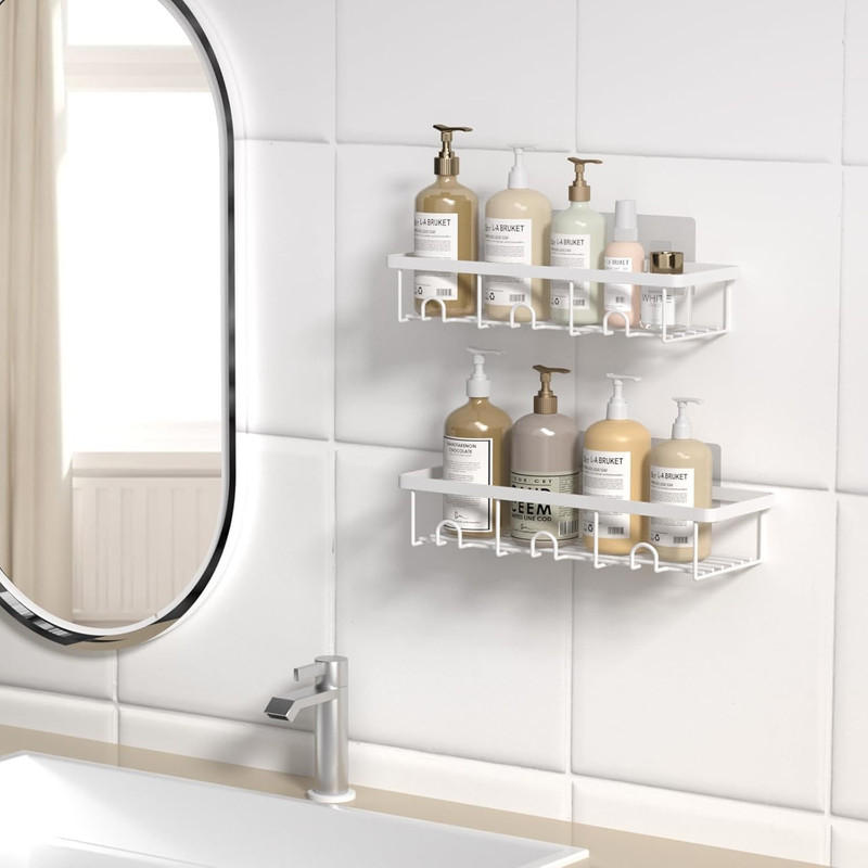 White Shower Caddy Organizer, 2 Pack Adhesive Shampoo Holder Basket Shelves for gallery