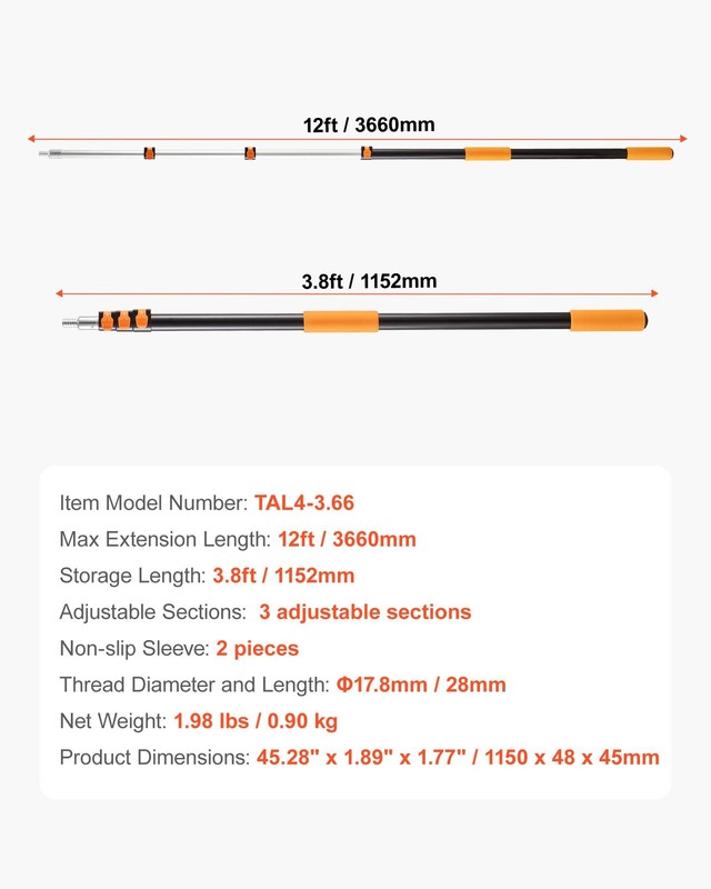 Telescopic Extension Pole, 3.8-12 FT Multi-Purpose Extendable Pole, Sturdy Alumi gallery