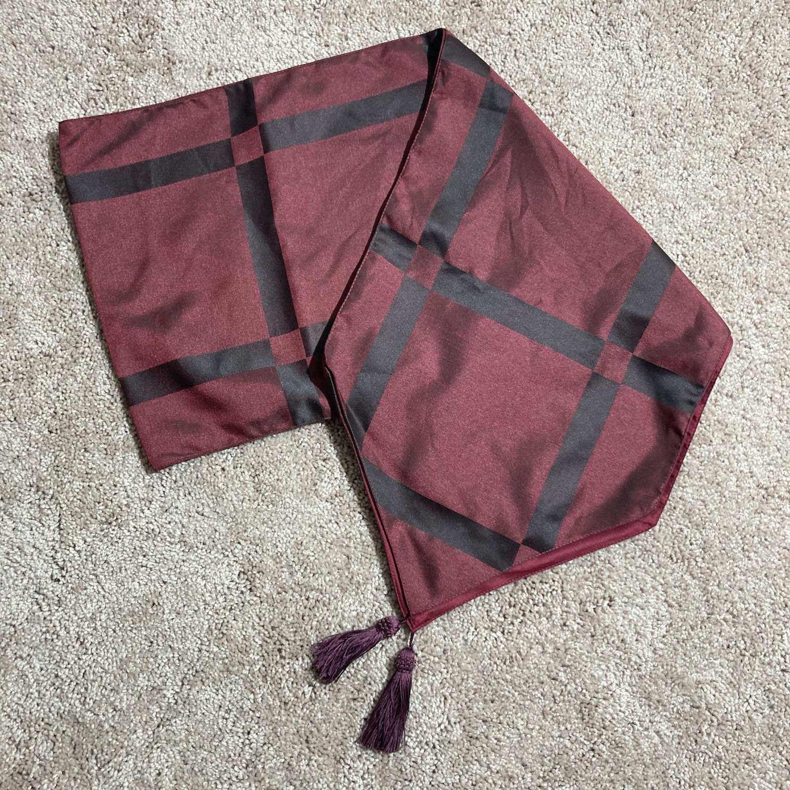 TABLE RUNNER 71 in X 13 in Maroon/Burgundy With Black Lines Triangle Edges gallery