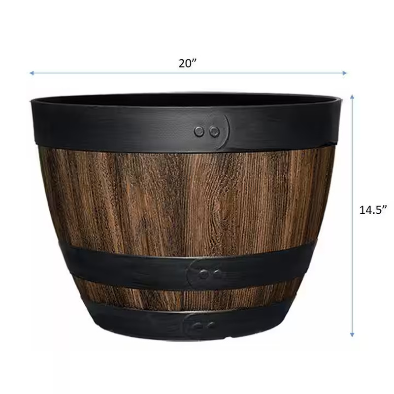 NEW Durable 20in Rustic Brown Resin Barrel Planter Outdoor Decor for Gardens gallery