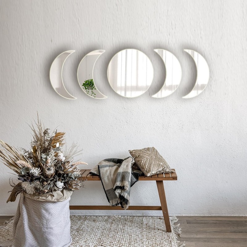 Chic 5-Piece Self-Adhesive Moon Phase Mirrors - Trendy Wall Decor for All Rooms gallery