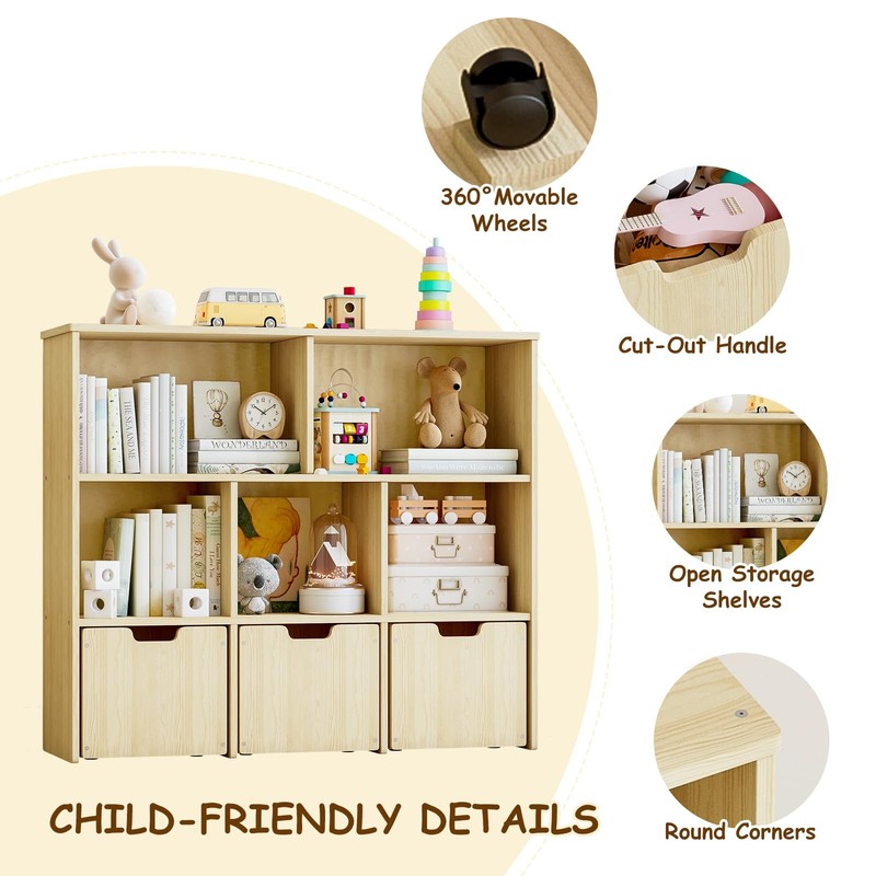 Solid Pine Wood Storage Organizer, Bookshelf and Organizer with 3 Rolling Dra... gallery