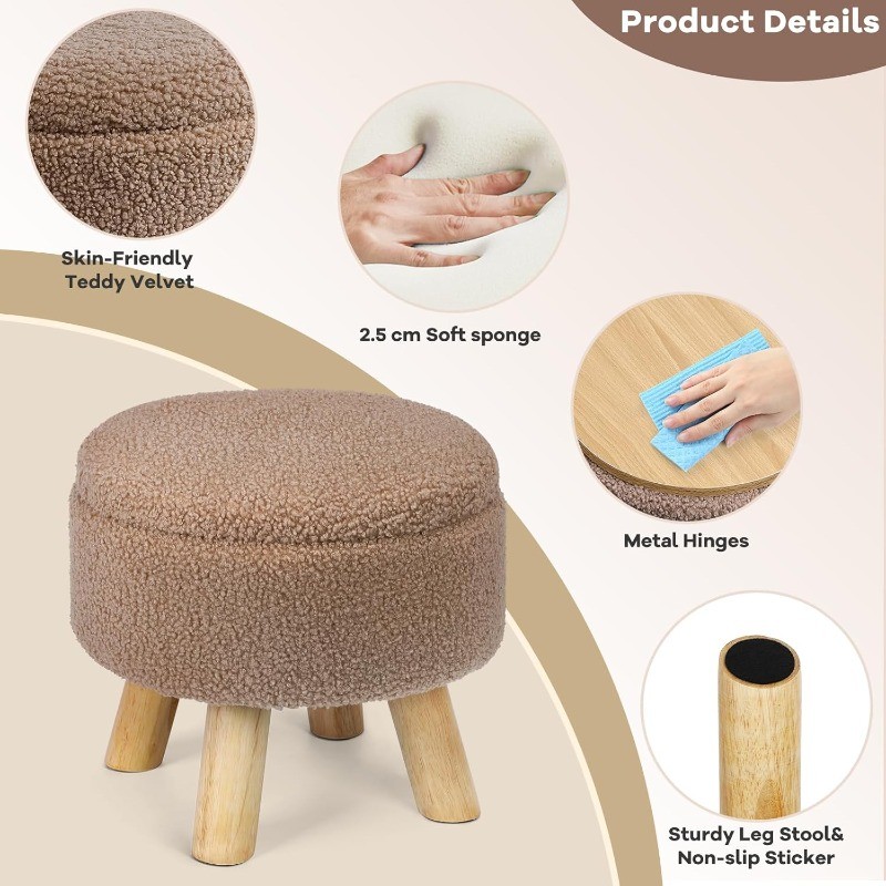 Small Round Ottoman with Storage, Boucle Teddy Velvet Footstool with Wood Legs gallery