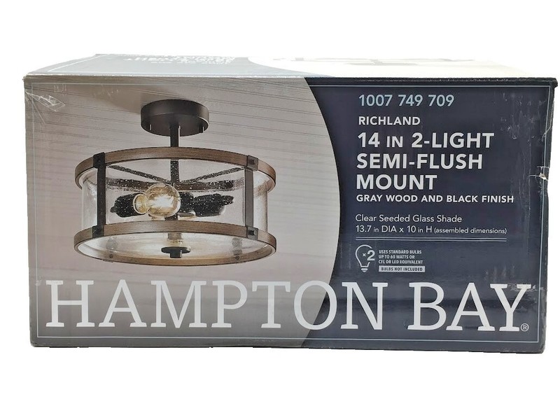 NEW Hampton Bay Richland 2-Light Grey Wood Semi Flush Mount Clear Seedy Glass gallery