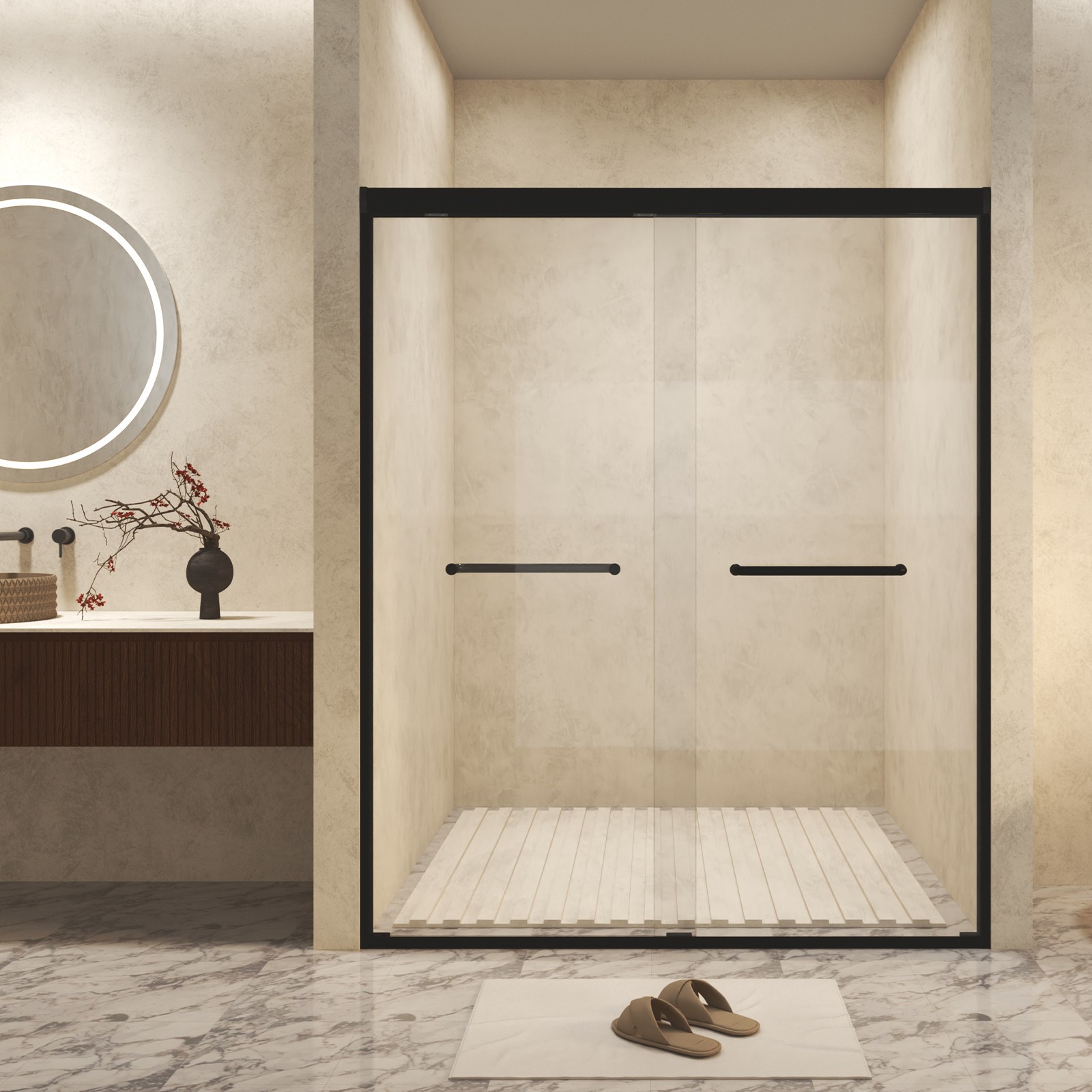 54" x 72" Tempered Glass Sliding Shower Door, Matte Black Aluminum Frame gallery