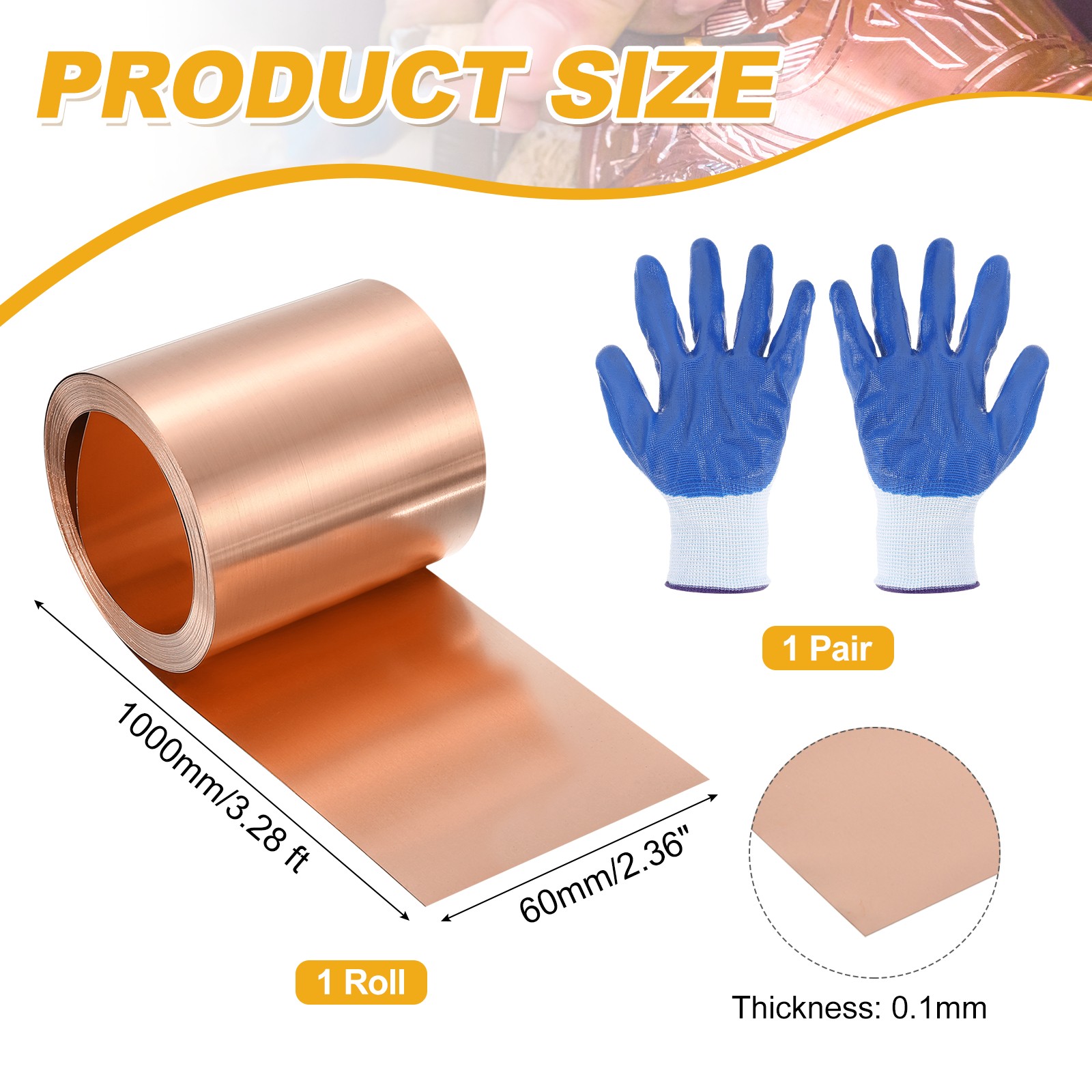 3.28ft Copper Sheet Roll, 1000x60x0.1mm Pure Copper Strip with Gloves gallery